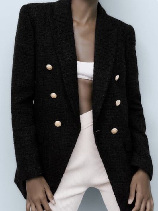 Zara Jackets & Blazers - ZARA Double-Breasted Tailored Tweed Textured Blazer- Black Gold Buttons Accent
